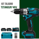 Kit Taladro y Atornillador Profesional 40V Titanium Completo + Maleta, Batería Extra, Base de Carga y Kit de Mechas